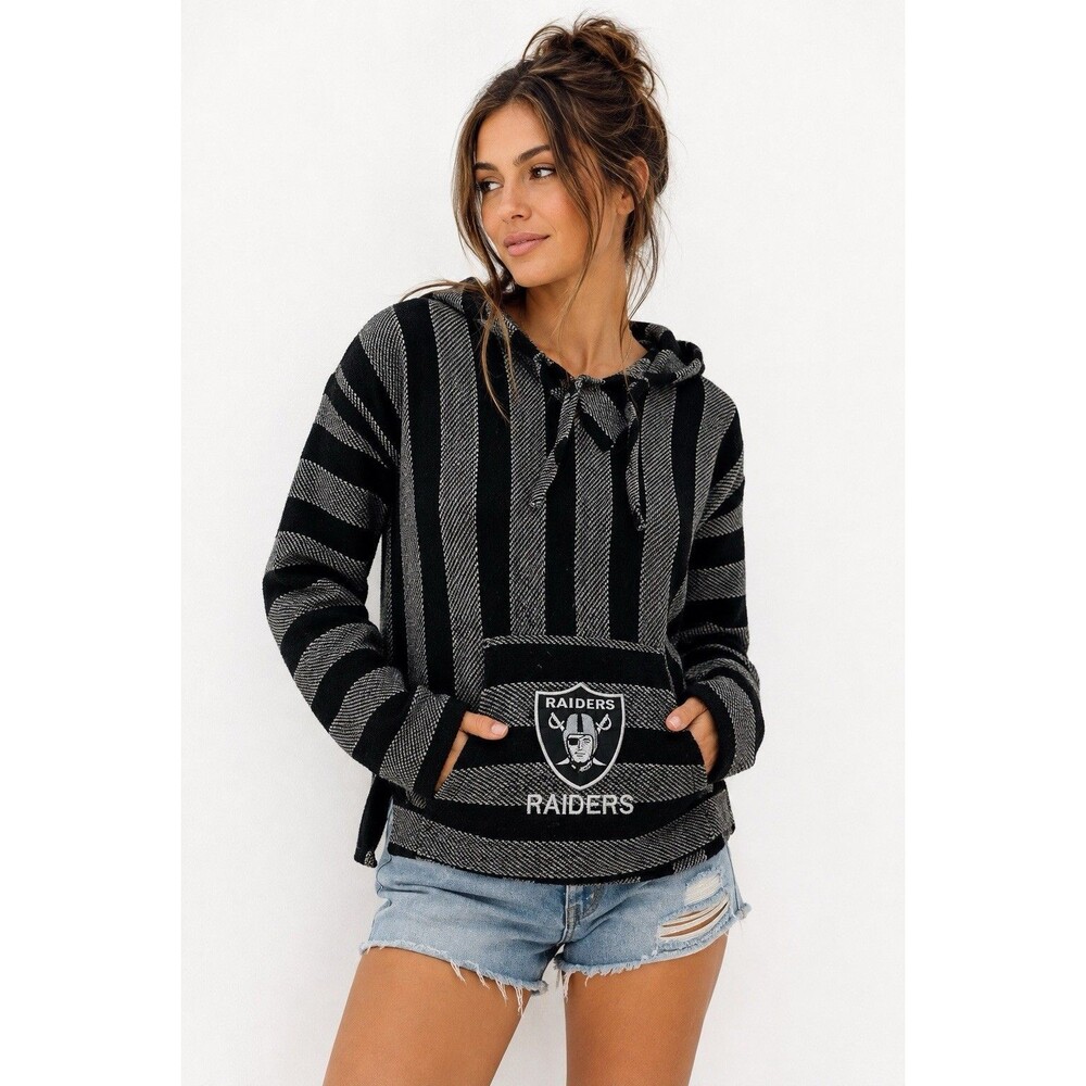 Vintage Oakland Raiders Baja Hoodie Black Gray Striped Pullover NFL Football S